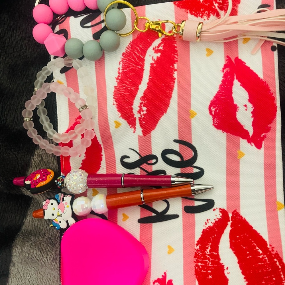 Pink and Red Lip Print Pouch with Accessories